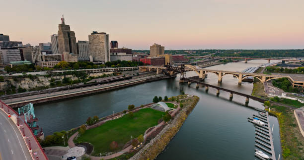 istock Raspberry Island and Robert Street Bridge on Mississippi River at Sunset 1808882982