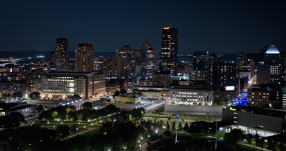 Aerial still image of downtown St. Paul, Minnesota on a clear night in Fall.\n\nAuthorization was obtained from the FAA for this operation in restricted airspace.