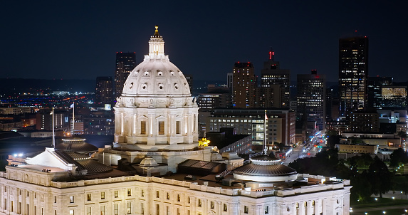 Aerial still image of Minnesota State Capitol in St. Paul, Minnesota on a clear night in Fall.\n\nAuthorization was obtained from the FAA for this operation in restricted airspace.