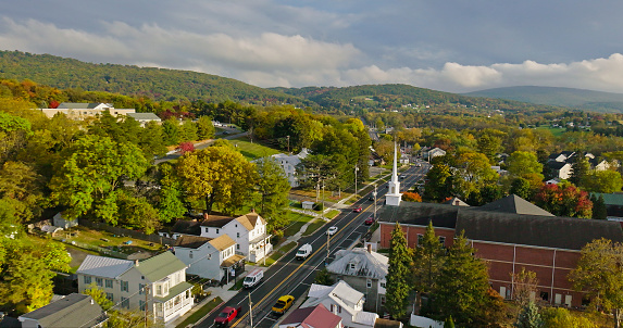 Aerial view of the main street in the town of Boonsboro, Maryland, taken by a drone on a Fall afternoon.