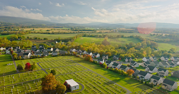 Aerial still image of houses in the town of Boonsboro, Maryland, taken by a drone on a Fall afternoon.