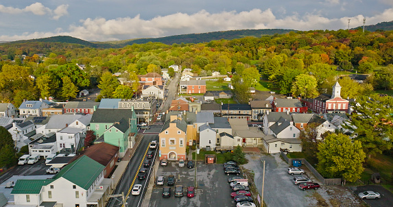 Aerial still image of the town of Boonsboro, Maryland, taken by a drone on a Fall afternoon.