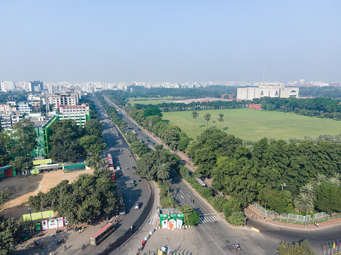 Drone view of Manik Mia Avenue - Dhaka. Jatiya Sangsad Bhaban Dhaka. Landmark of Bangladesh