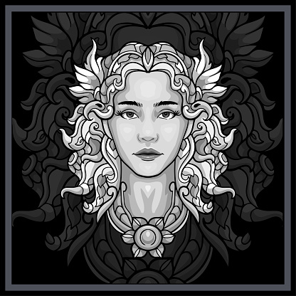 Monochrome Aphrodite head mandala arts isolated on black background