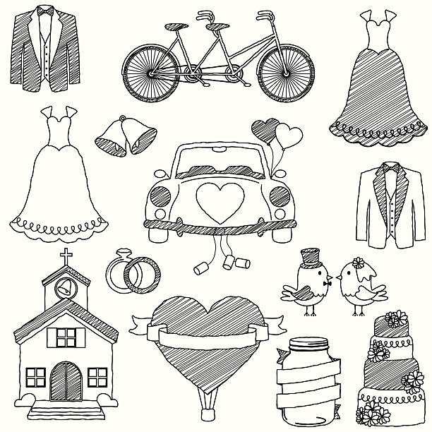 벡터 웨딩, 테마 doodles - wedding invitation invitation formalwear flower stock illustrations