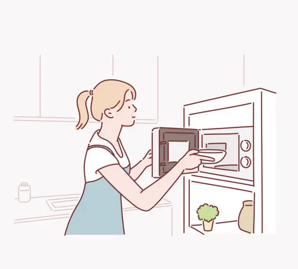 Vector illustration of Woman cooking with a microwave in a modern kitchen.