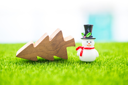 Snow man doll with top hat and wooden Christmas tree on green fiel with space on blurred background, simple Christmas card background idea