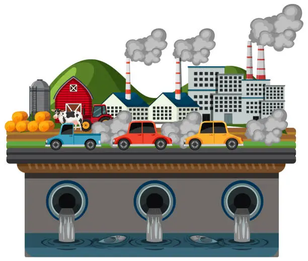 Vector illustration of Isolated Town Suffering from Severe Water and Air Pollution