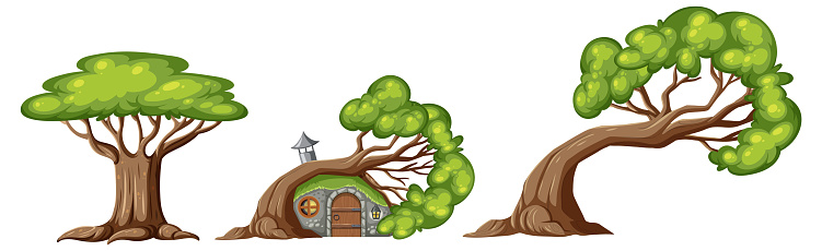 A whimsical illustration featuring a collection of trees and a charming hobbit tree house