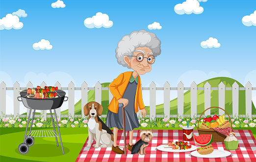A joyful grandmother enjoys a picnic with her dogs in a park