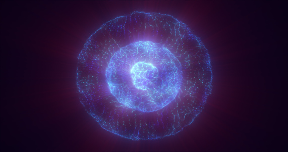Blue energy glowing sphere futuristic atom from electric magic particles and energy waves background.