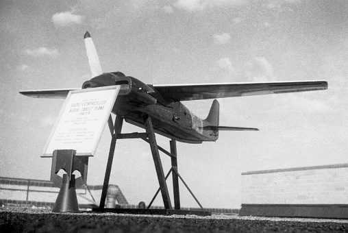 OQ-19 Radioplane radio-controlled aerial target airplane on display at dedication of new terminal at Livingston Betsworth Field (Waterloo Municipal Airport), Waterloo, Iowa, USA in June 9-10, 1951.