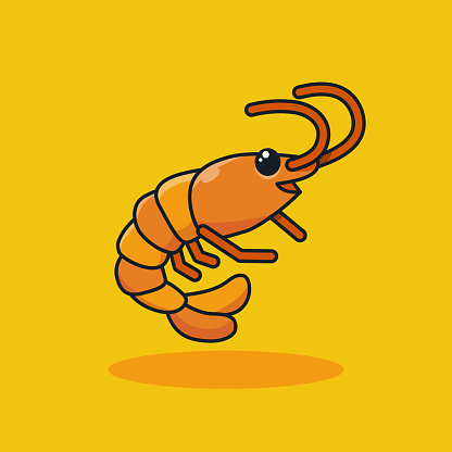 Unique cute shrimp or lobster seafood flat design icon graphic vector ready for any needs and print to make a sticker with orange, yellow, black, white colors