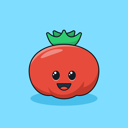 Unique cute red tomato fruit flat design icon graphic vector ready for any needs and print to make a sticker with green, red, black, white colors