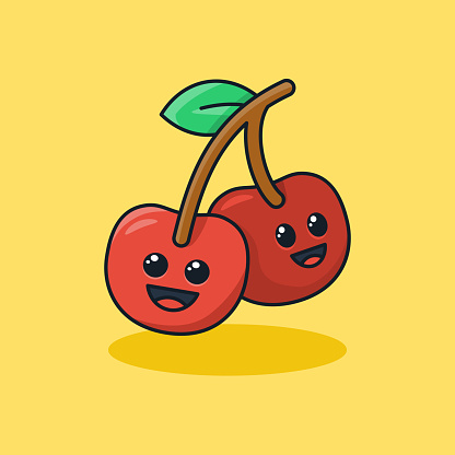 Unique cute red cherry or berry flat design icon graphic vector ready for any needs and print to make a sticker with green, red, black, white, brown colors