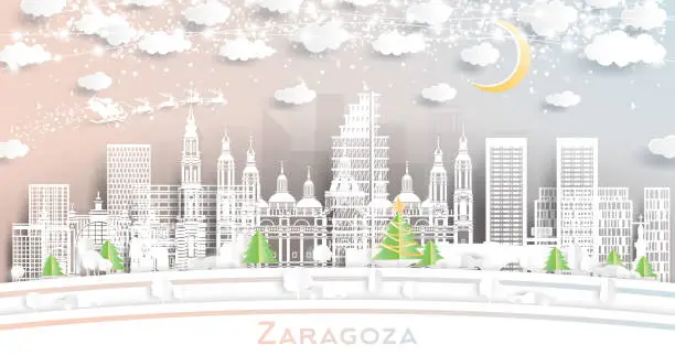 Vector illustration of Zaragoza Spain. Winter city skyline in paper cut style with snowflakes, moon and neon garland. Christmas and new year concept. Santa Claus on sleigh. Zaragoza cityscape with landmarks.