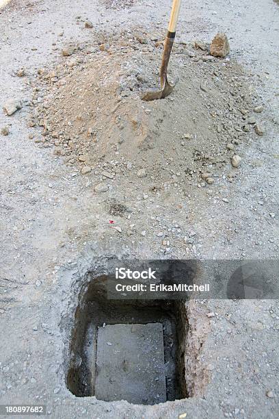 Septic Tank Lid With Shovel And Dirt Pile Stock Photo - Download Image Now - Cement, Covering, Dirt