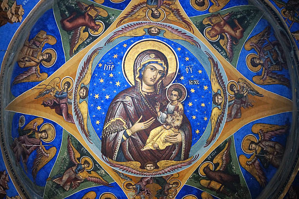 Decorated ceiling of the Polovragi Church in Romania stock photo