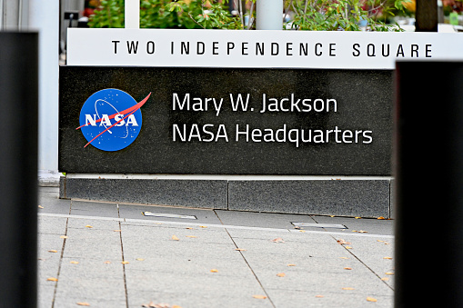Washington, D.C., USA - November 20, 2023: Sign in front of the “Mary W. Jackson NASA Headquarters” building in the Nation’s capital.