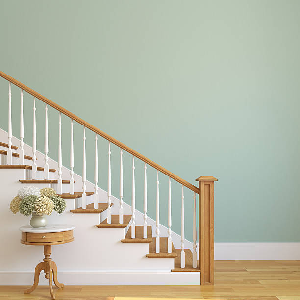 Stairway in the modern house. White stairway in the modern house. 3d render. house railing stock pictures, royalty-free photos & images