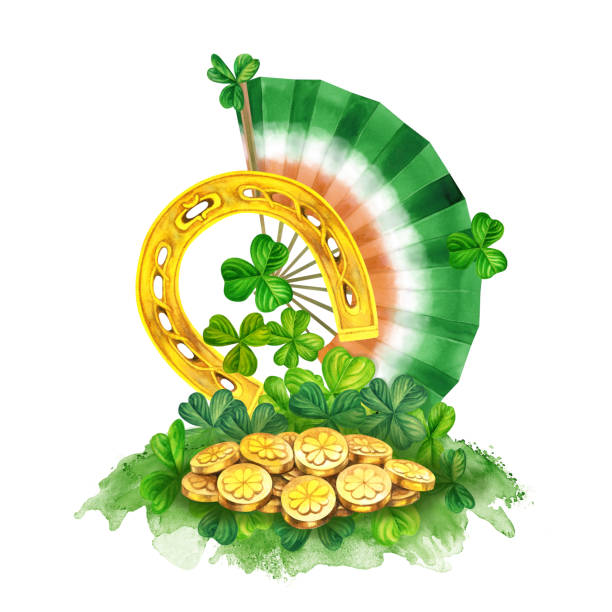 ilustrações de stock, clip art, desenhos animados e ícones de watercolor fan, horseshoe, coins and green shamrock. design of a bright illustration of jewelry for st. patrick's day, magic, treasures, wishes of good luck. element isolated on white background - horseshoe horse illustration and painting creativity