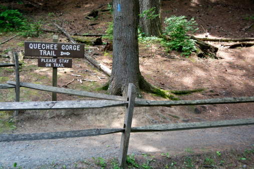 A sign directs visitors to the Quechee Gorge hiking trail.