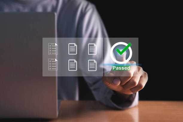 istock Concept of tracking business performance Businessman using laptop to check digital form online blue background 1809016347
