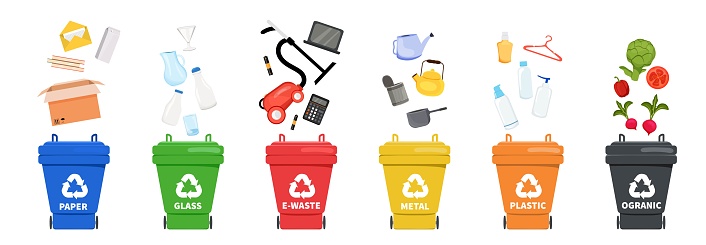 A set of containers for recycling and sorting waste. Eco. Organic waste, clothes, plastic items, paper, electronic items, glass. garbage. Stock vector illustration. Isolated. White background. Conscious consumption