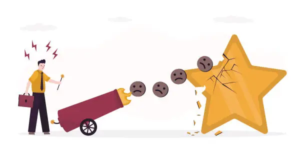 Vector illustration of Disgruntled user shoots cannon and breaks star, rating collapse. Destruction of reputation. Bad comments and reviews crash business. One star rating, negative review,