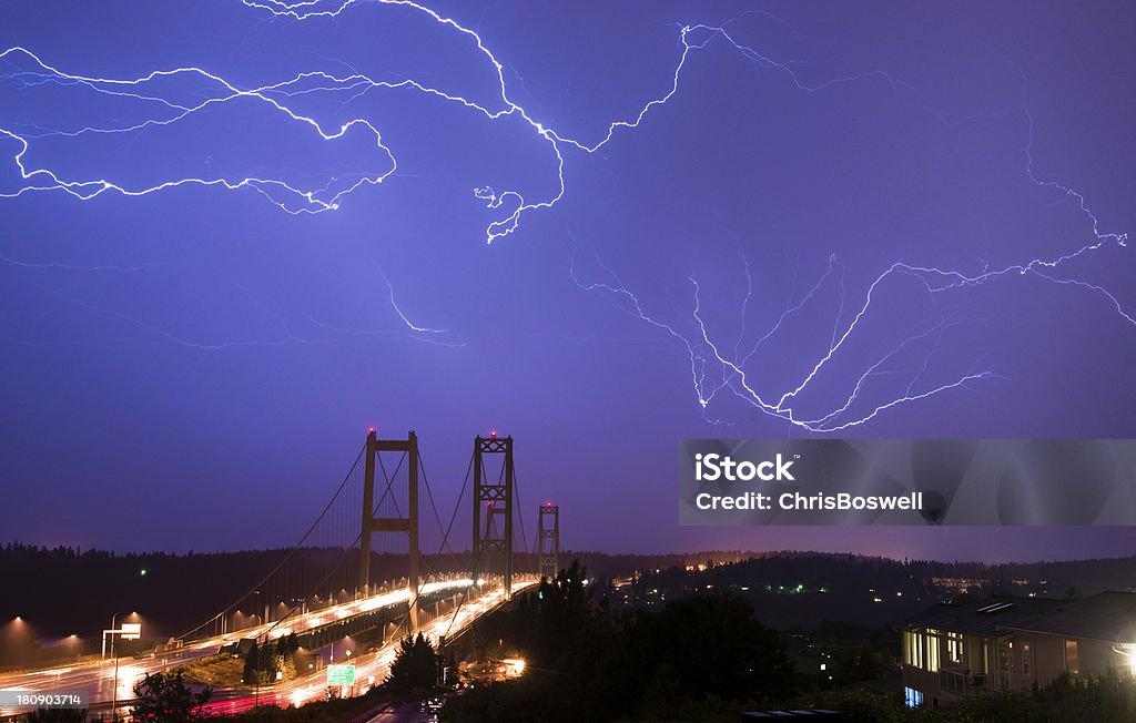 Electrical Storm Lightning Strikes Bolts Tacoma Narrows Bridge W Spectacular storm shows it's power over the Tacoma Narrows Awe Stock Photo