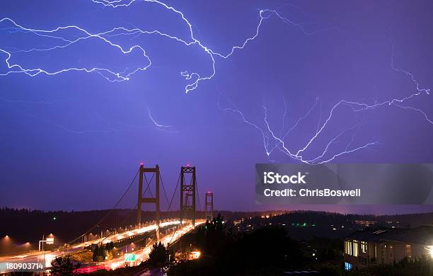 Electrical Storm Lightning Strikes Bolts Tacoma Narrows Bridge W Stock Photo - Download Image Now