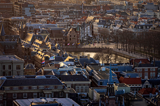 aerial view on the city centre of The Hague just before sunset; The Hague, Netherlands