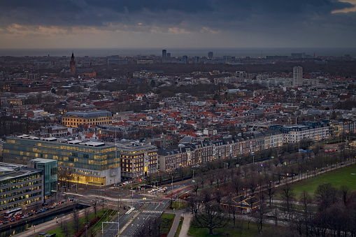 aerial view on the city centre of The Hague just before sunset; The Hague, Netherlands