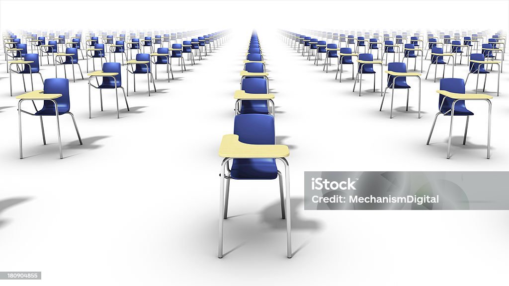 Front view - Endless rows of school chairs. Endless school chairs in a white background Advice Stock Photo