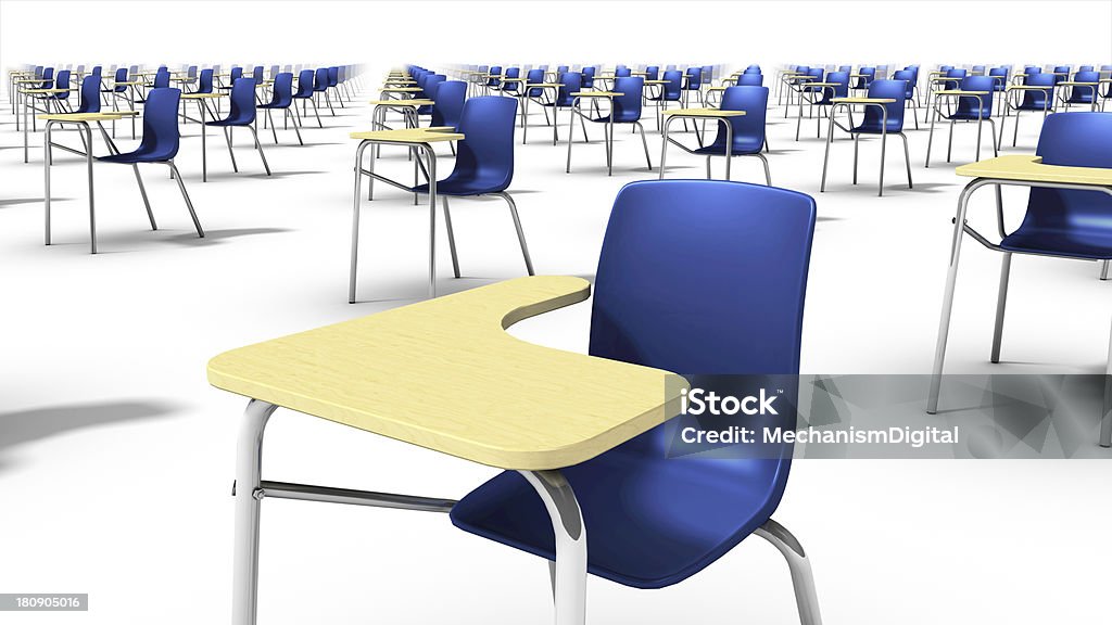 Angled close-up view of endless school chairs. Endless school chairs in a white background Enrollment Stock Photo