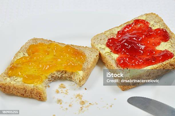 Apricot Jam And Strawberry Jam On Toast Stock Photo - Download Image Now - Strawberry Jam, White Bread, Apricot