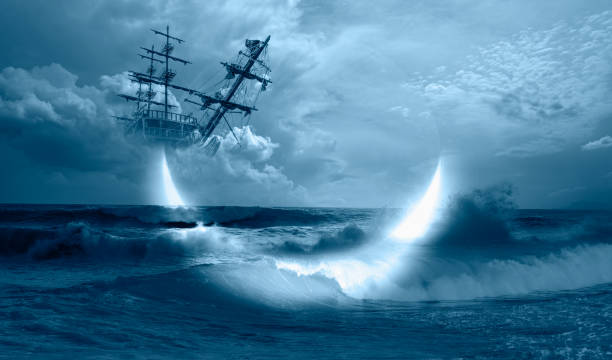 istock Fantasy old ship flying over stormy clouds with lightning crescent moon in the background 1809065808