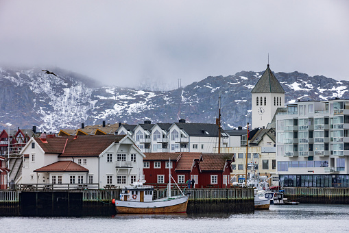 Svolvaer , Norway - April 20, 2023: fishing boat in the harbour of Svolvaer on the Lofoten Islands