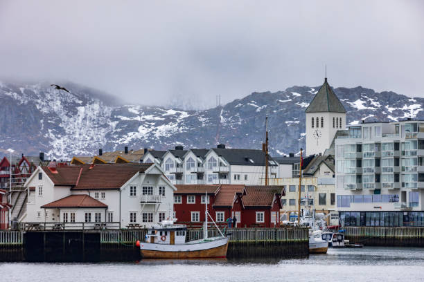 fishing boat in the harbour of Svolvaer on the Lofoten Islands Svolvaer , Norway - April 20, 2023: fishing boat in the harbour of Svolvaer on the Lofoten Islands harbor of svolvaer in winter lofoten islands norway stock pictures, royalty-free photos & images