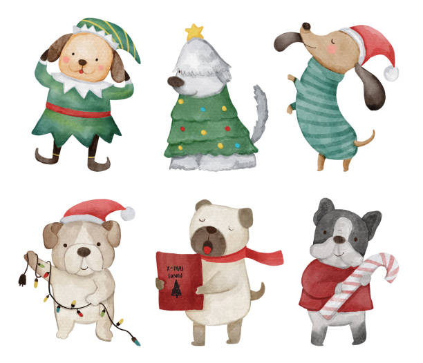 Dog . Christmas theme . Watercolor paint cartoon characters . Isolated . Set 1 of 4 . illustration . Dog . Christmas theme . Watercolor paint cartoon characters . Isolated . Set 1 of 4 . illustration . bulldog reading stock illustrations