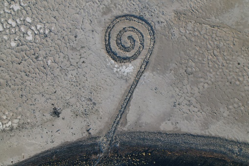 An aerial view of Spiral Jetty in Utah, USA