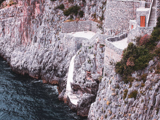 A vintage style photograph from July 2023 that shows a unique swimming spot on the Amalfi Coast in Italy.