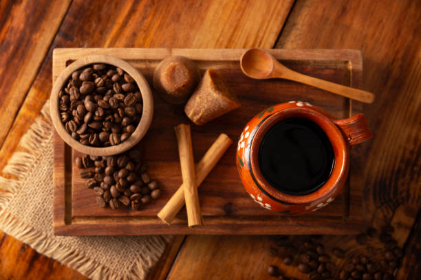 メキシコのコーヒーレシピテーブルトップビュー - cup coffee pot coffee coffee cup ストックフォトと画像