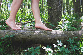 Girls feet walking on a log in the forest