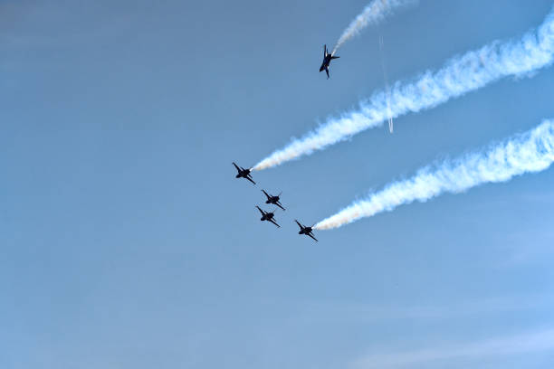 Patrouille Suisse Squadron of Swiss Air Force exercising up in the sky at Swiss Airport Zürich Kloten. Photo taken August 18th, 2023, Bülach, Canton Zürich, Switzerland.