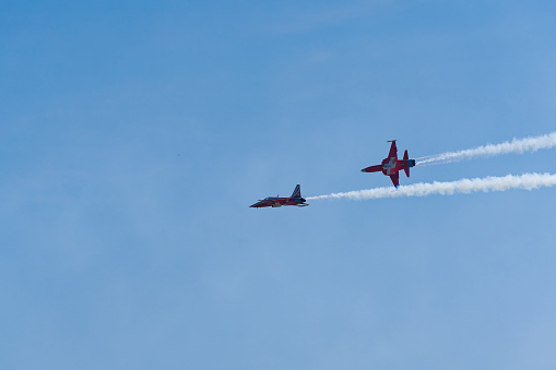 Patrouille Suisse Squadron of Swiss Air Force exercising up in the sky at Swiss Airport Zürich Kloten. Photo taken August 18th, 2023, Bülach, Canton Zürich, Switzerland.