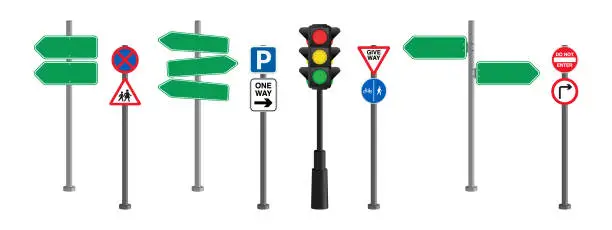 Vector illustration of Set of road signs and Traffic light isolated on transparent background. Vector illustration.