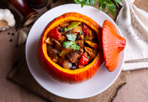 Stuffed pumpkin stew with meat and vegetables
