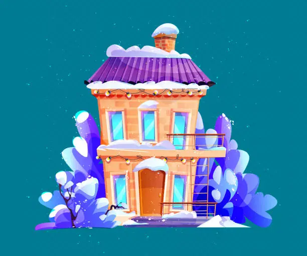 Vector illustration of Winter country house with snow-covered trees in snowdrifts on an isolated background. Creative vector illustration in cartoon style.