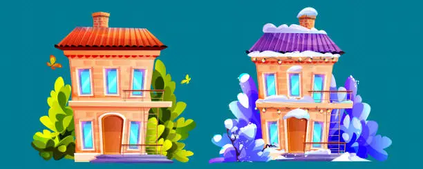 Vector illustration of Time of year in cartoon style. Country house in summer and winter. Stylish vector set.